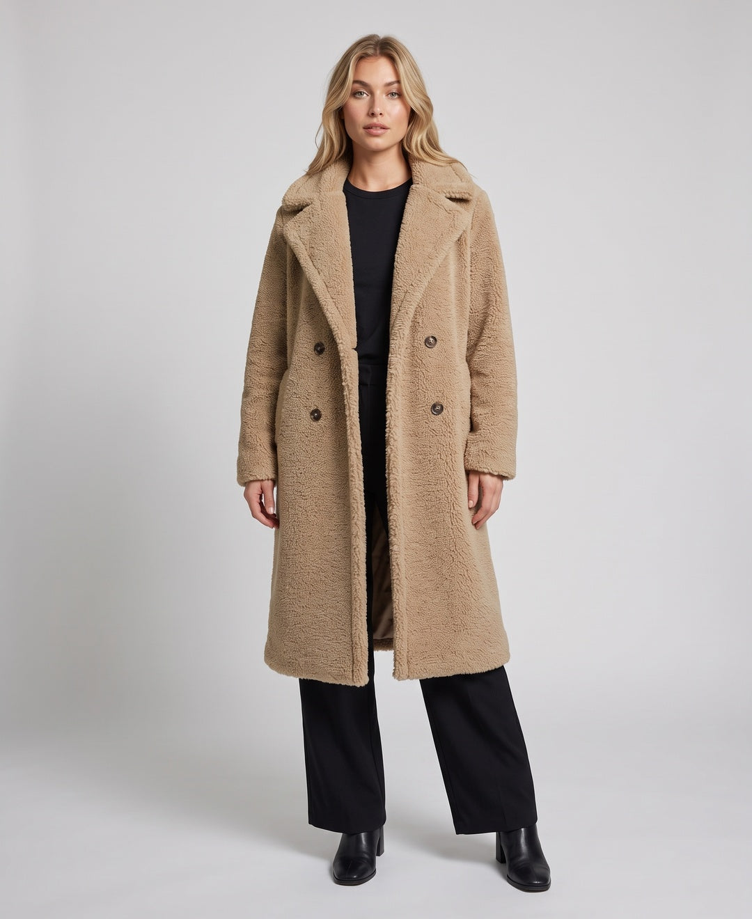 Women's teddy faux fur longline coat in khaki, front view