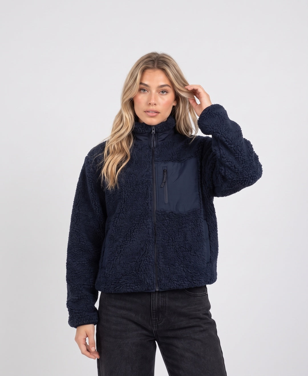 Women's teddy fleece zip jacket in navy, front view