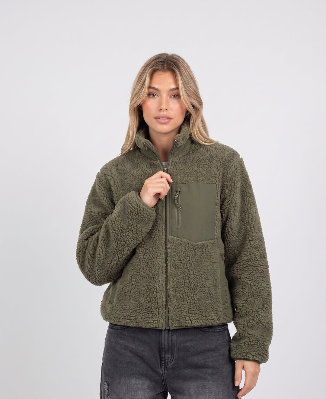 Women's teddy fleece zip jacket in olive, front view