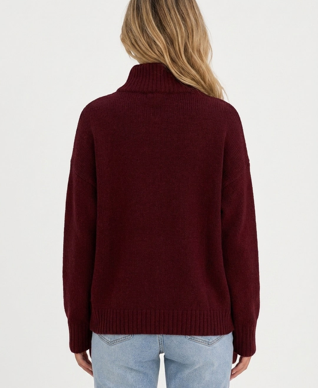 Womens funnel neck zip up knit cardigan in Burgundy back
