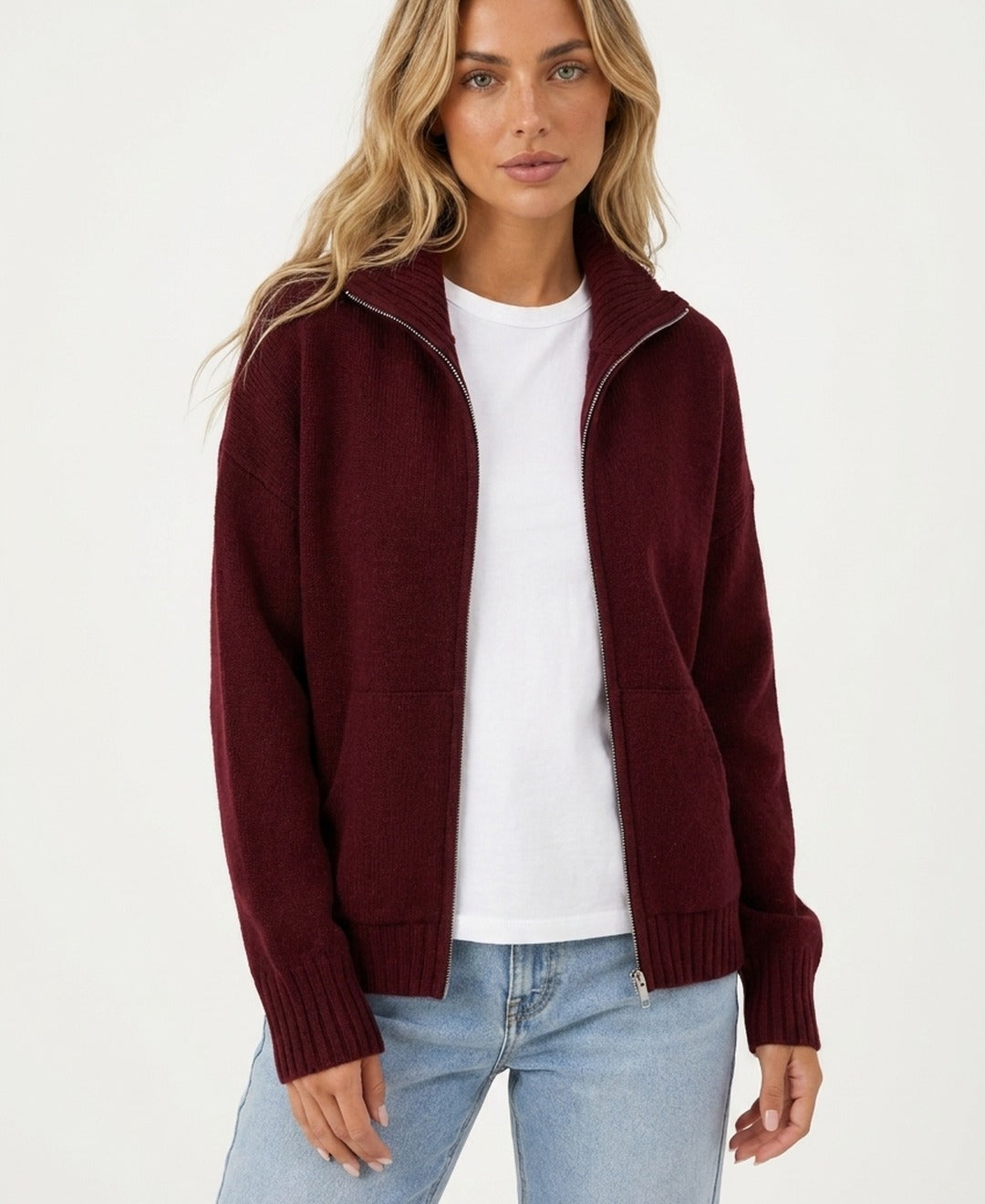 Womens funnel neck zip up knit cardigan in Burgundy front