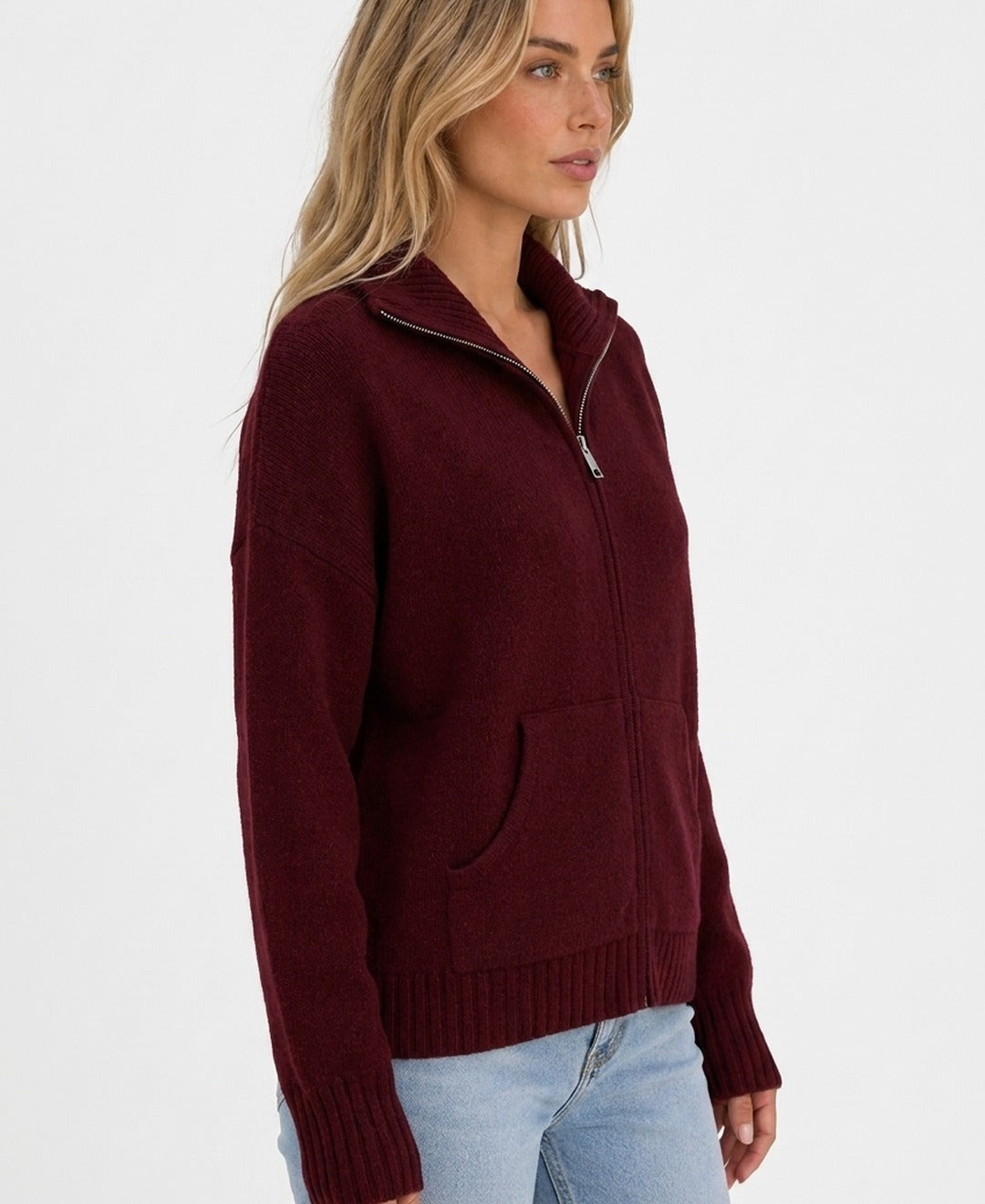 Womens funnel neck zip up knit cardigan in Burgundy side