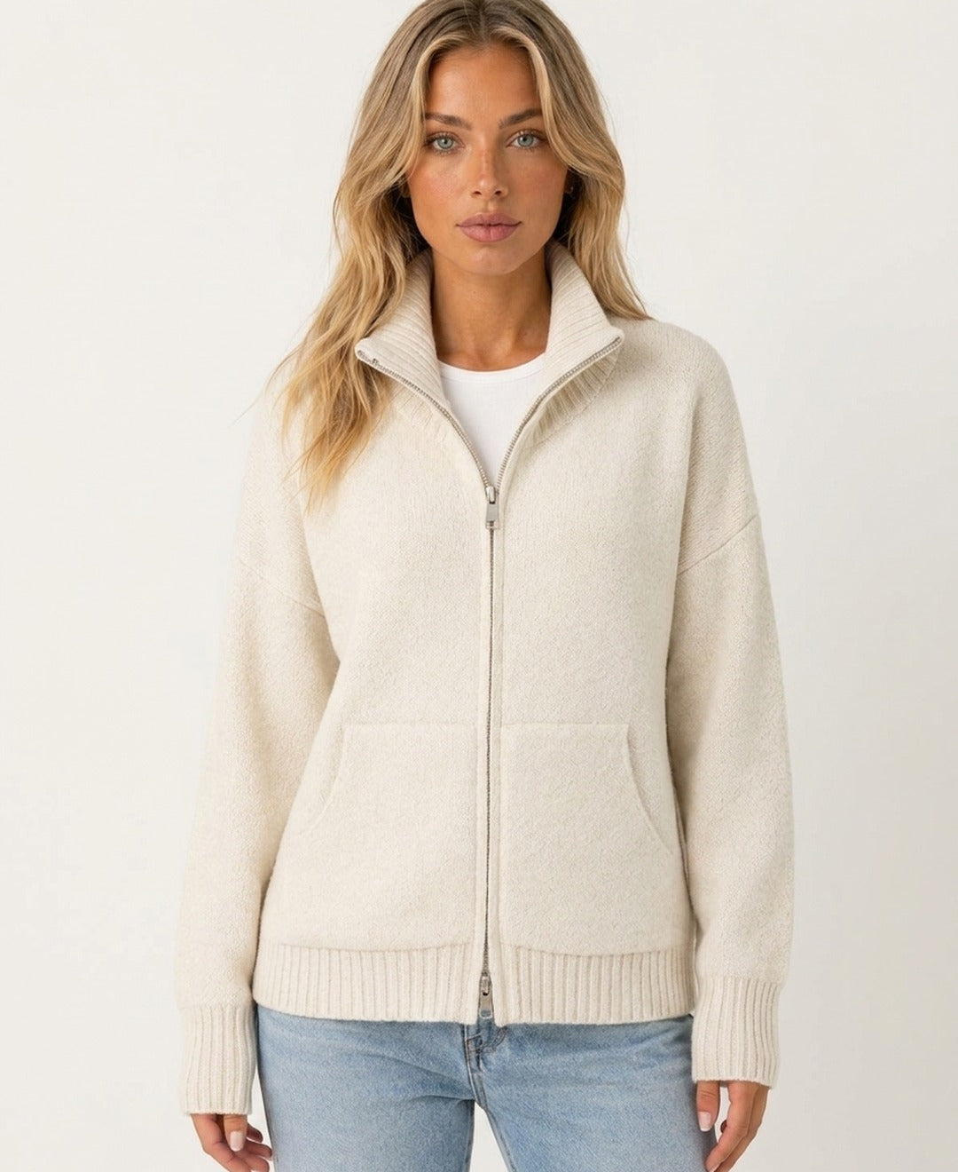 Womens funnel neck zip up knit cardigan in Cream front