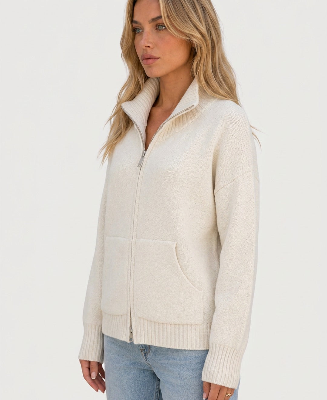 Womens funnel neck zip up knit cardigan in Cream side
