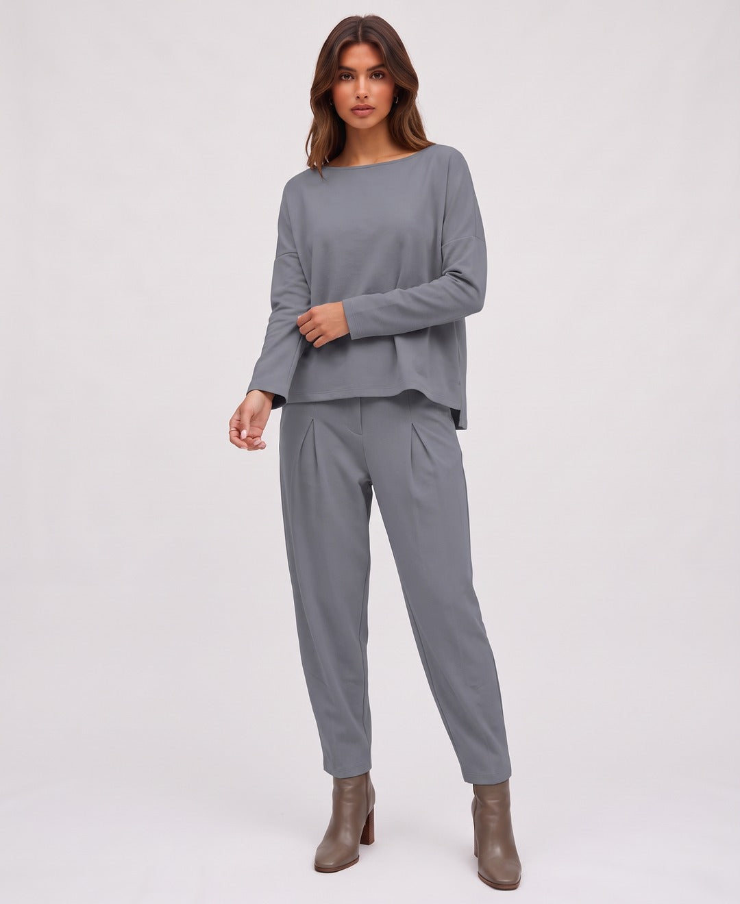 Yvette Boatneck Set in Grey, front view