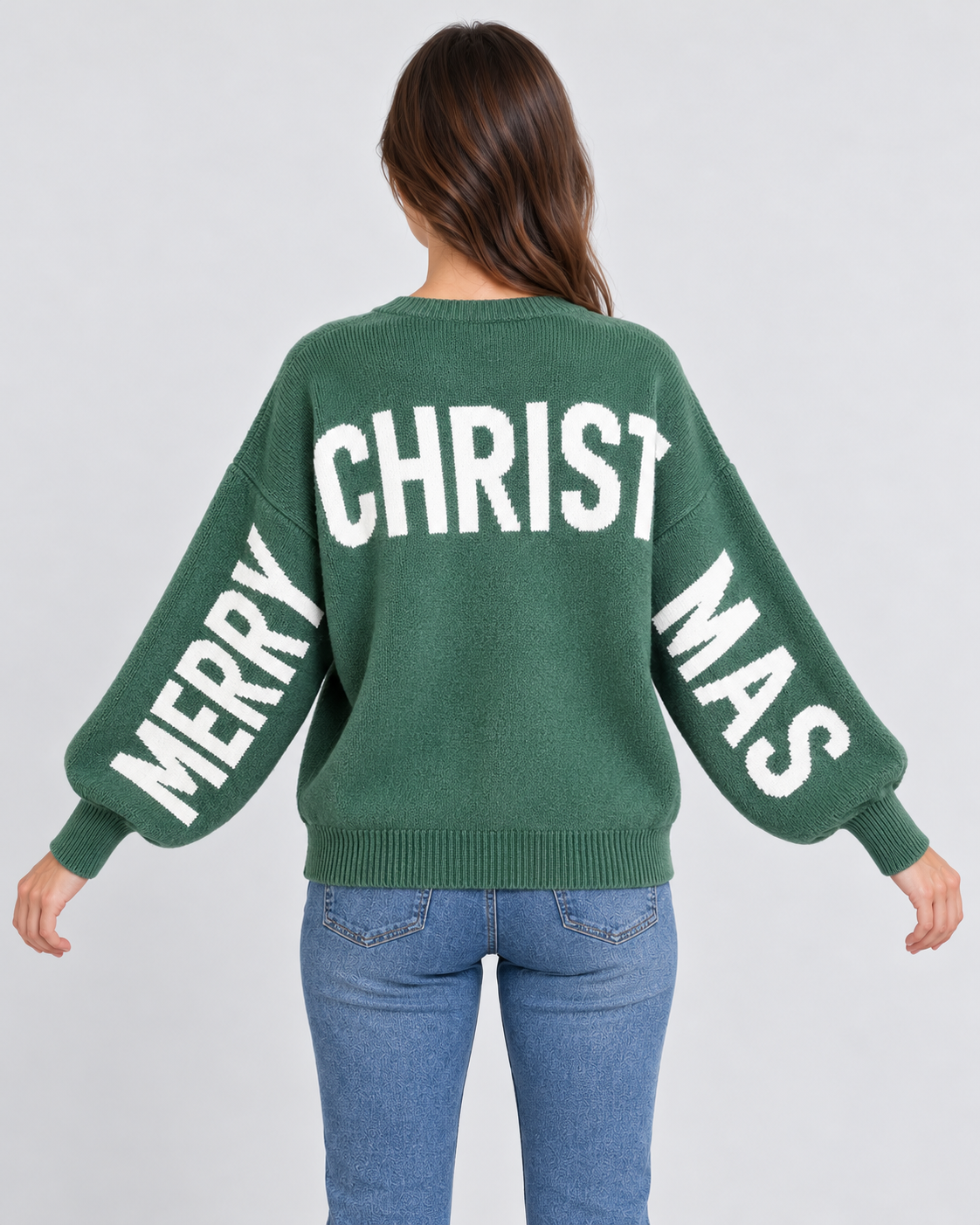 Sleeve Lettering Drop Shoulder Christmas Jumper, green Christmas jumper with MERRY CHRISTMAS lettering on the back and sleeves
