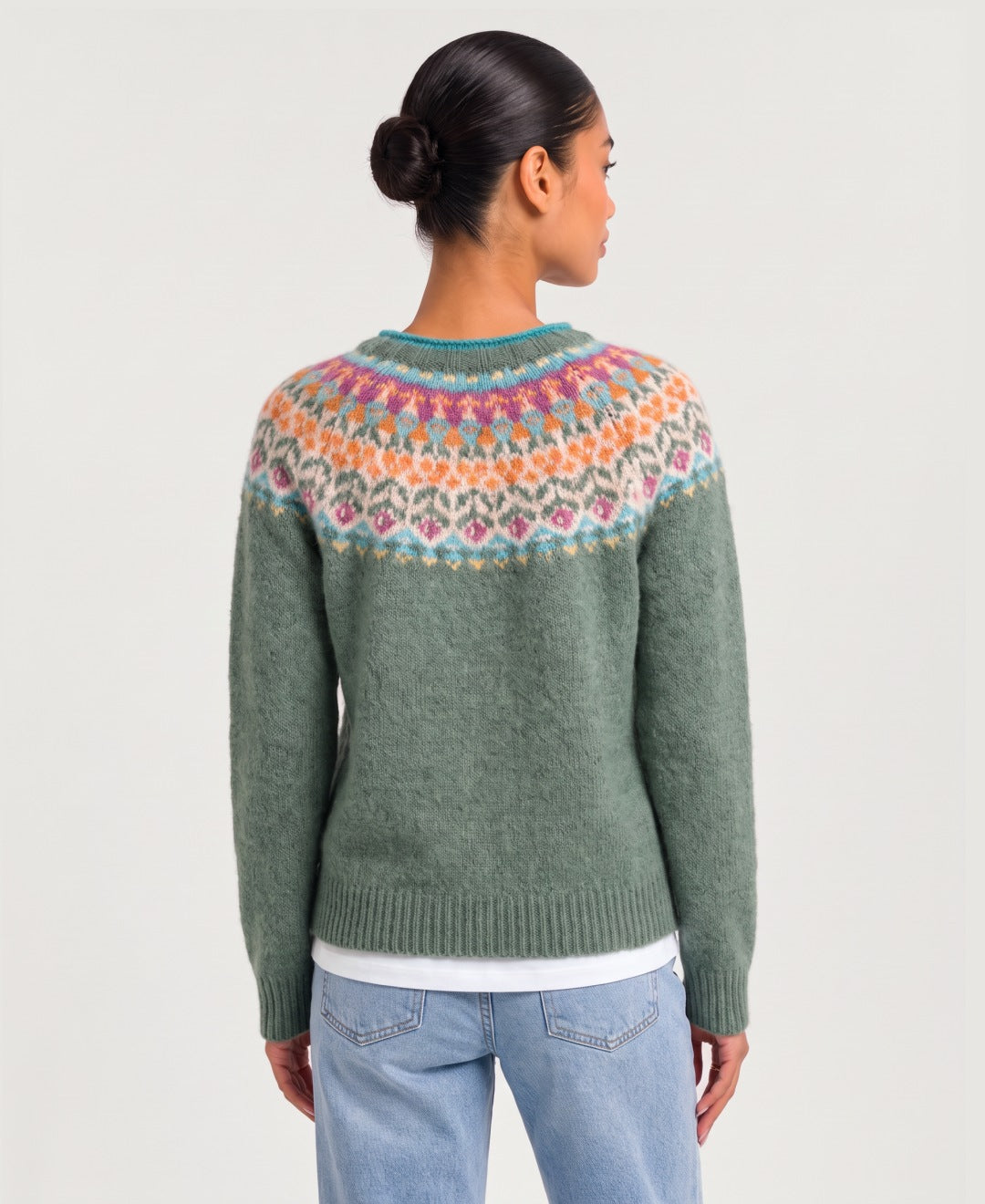 Women's Fair Isle yoke jumper in sage green, back view