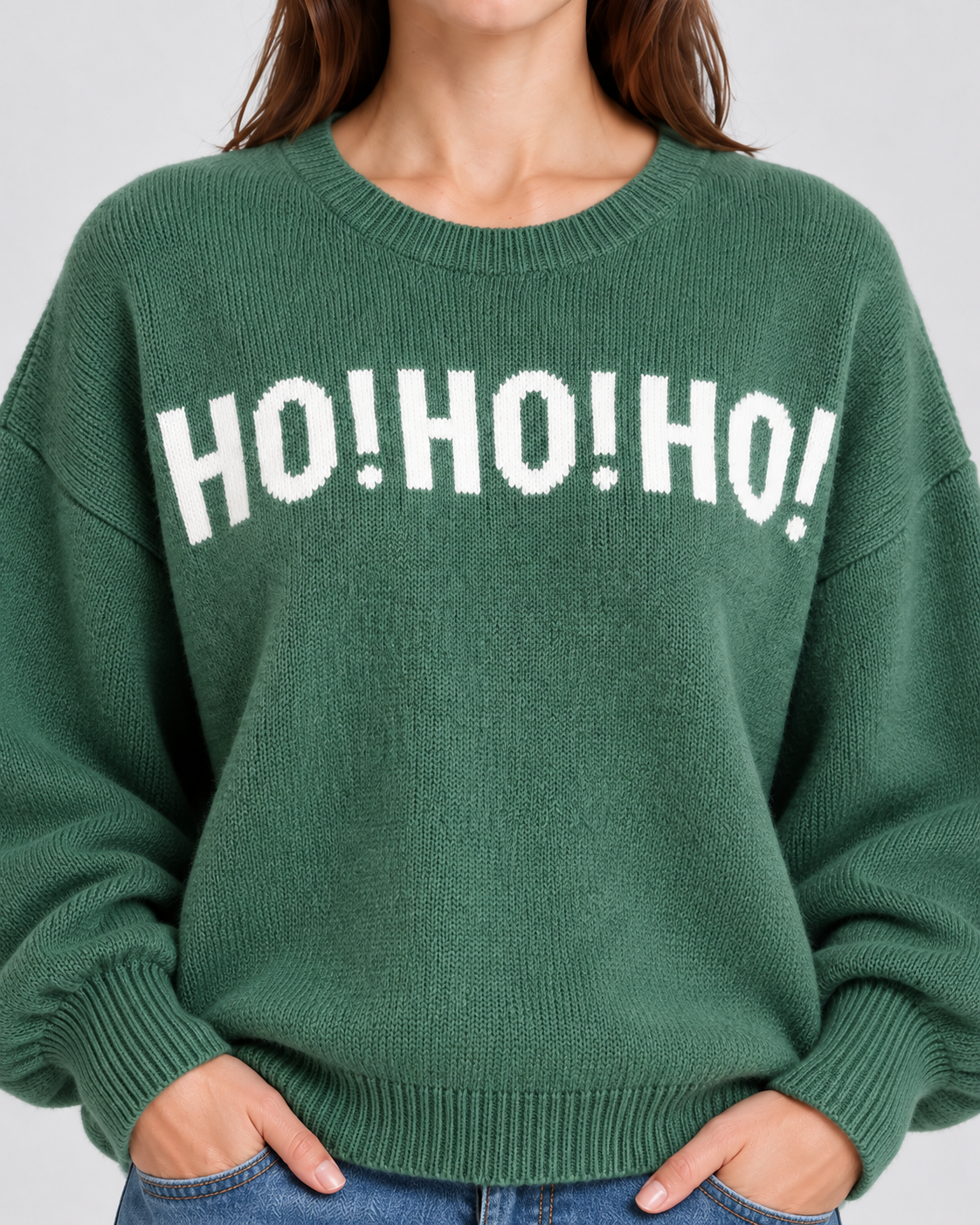 Sleeve Lettering Drop Shoulder Christmas Jumper, HO!HO!HO! lettering on knit, close-up