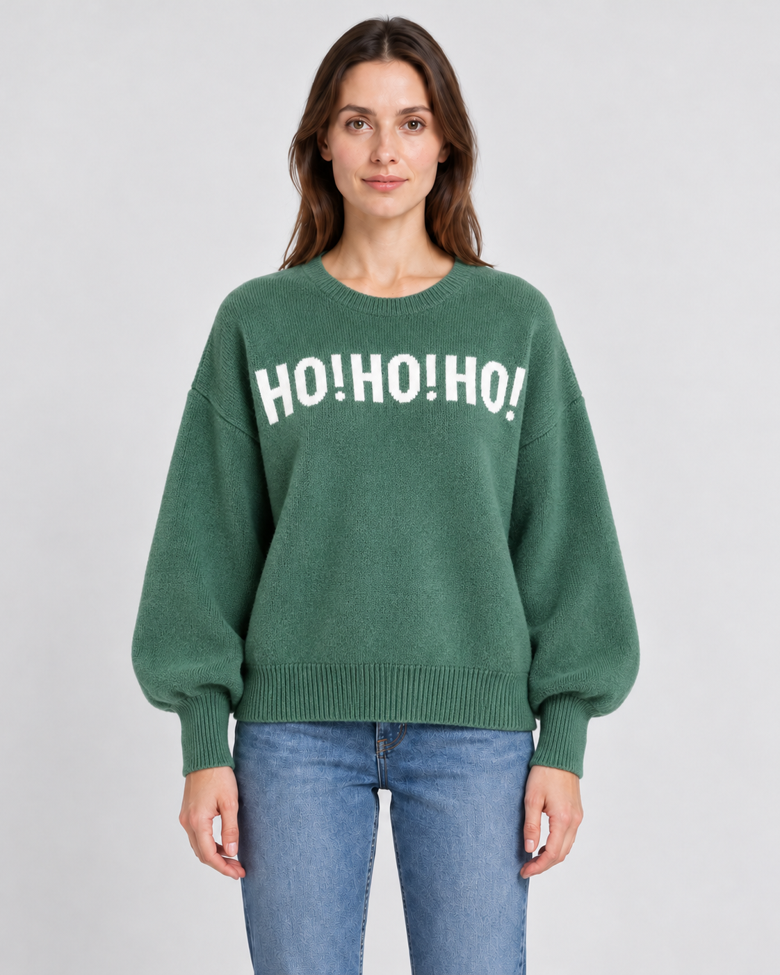 Sleeve Lettering Drop Shoulder Christmas Jumper, green Christmas jumper with HO!HO!HO! lettering, front view