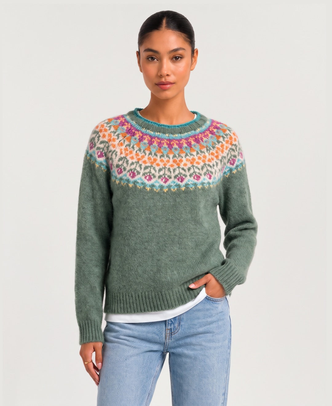 Women's Fair Isle yoke jumper in sage green, front view