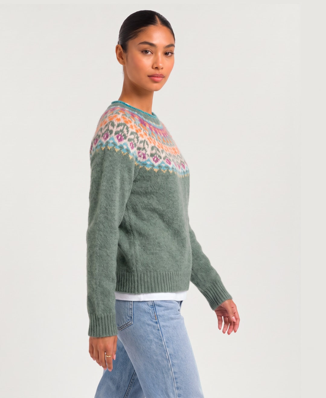 Women's Fair Isle yoke jumper in sage green, side view