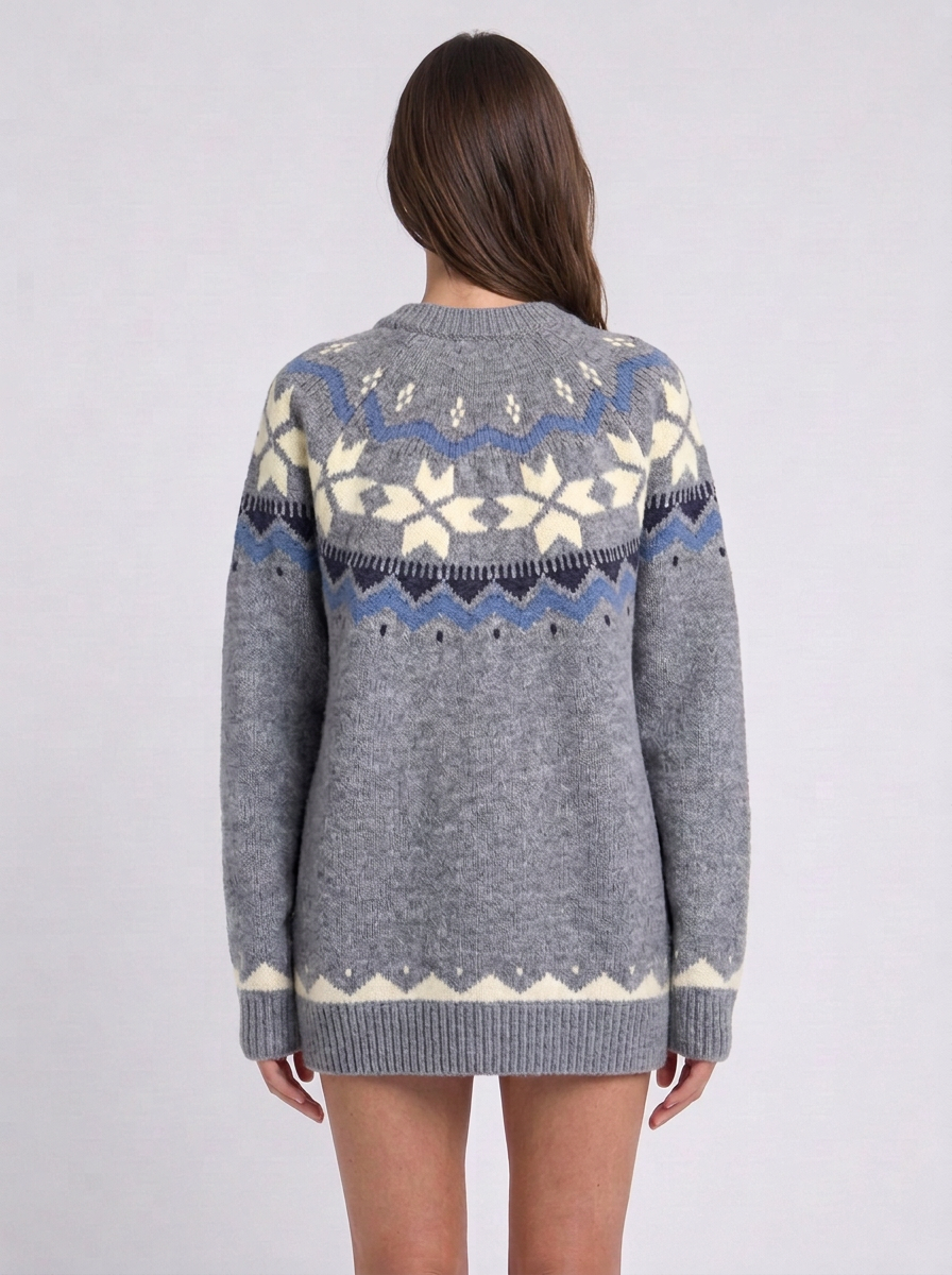 Fair Isle Yoke Crew Neck Relaxed Jumper, grey Fair Isle snowflake jumper, back view