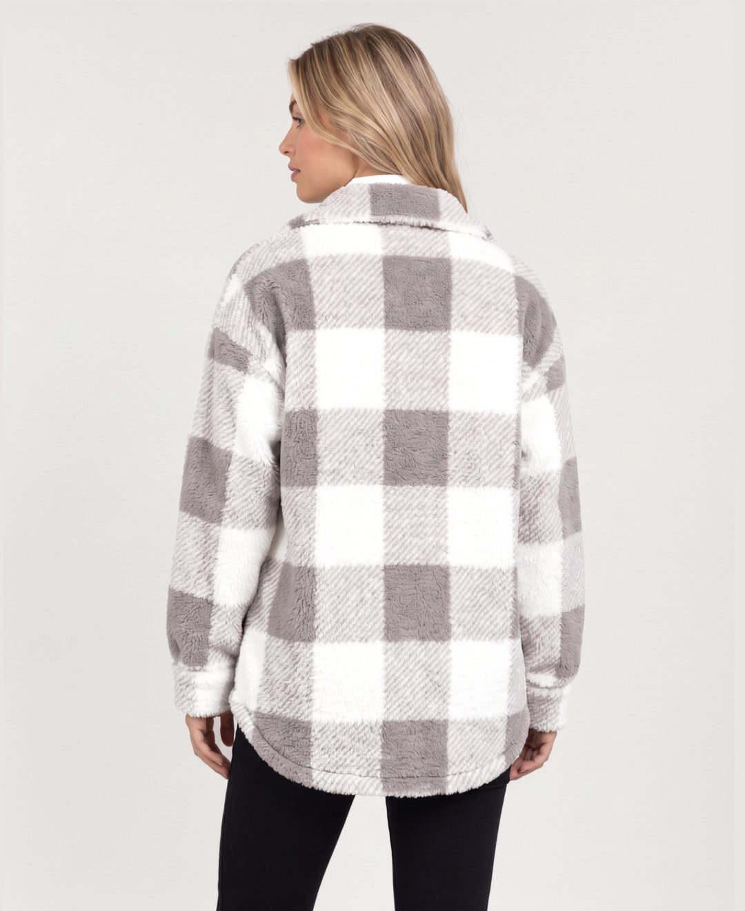 Women's check fleece shirt jacket in grey, back view