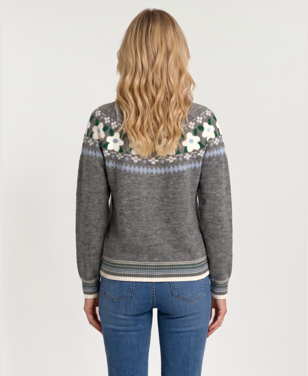 Women's floral Fair Isle knit jumper grey back view