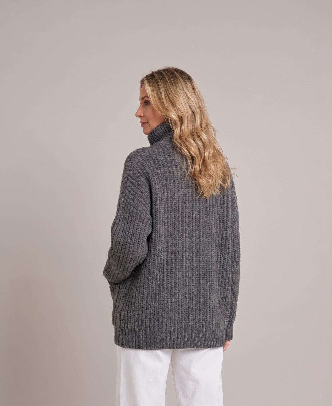 Women's Chunky Rib Knit Button Cardigan Funnel Collar Pockets in Grey, back view