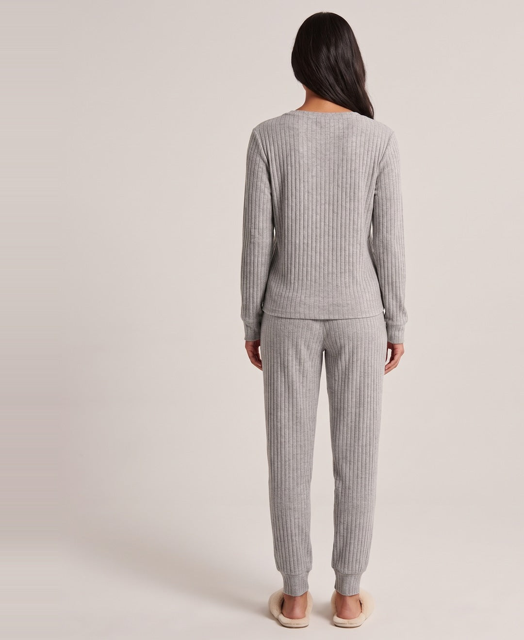 Grey ribbed henley lounge set back view on model