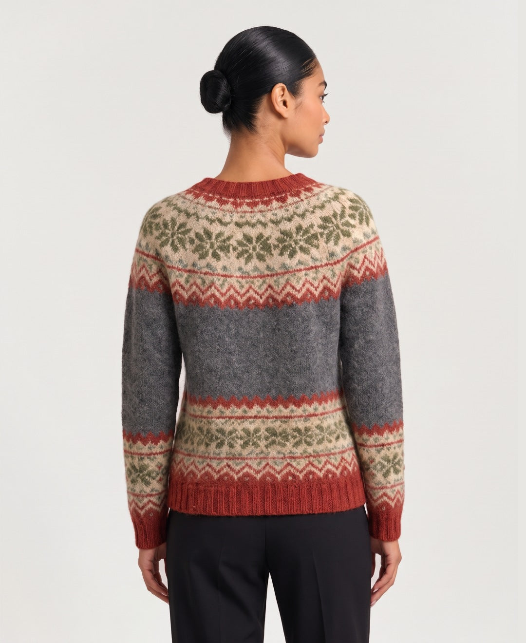 Women's Nordic jacquard button-front cardigan in grey, back view