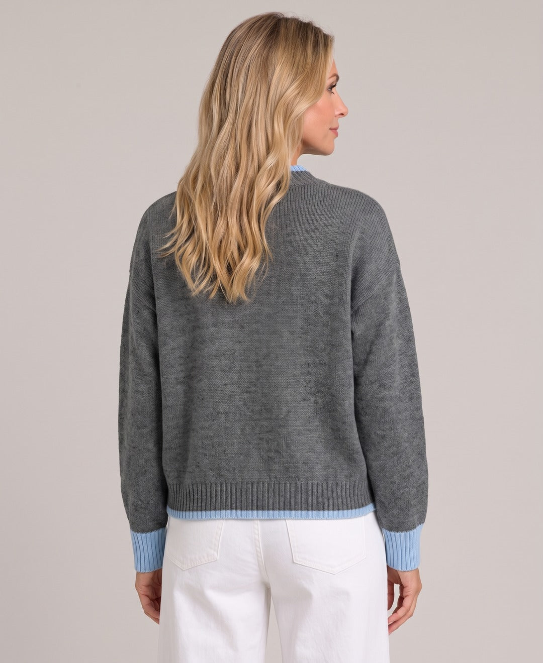 Women's Oversized Contrast Trim Knit Jumper Centre Seam in Grey, back view