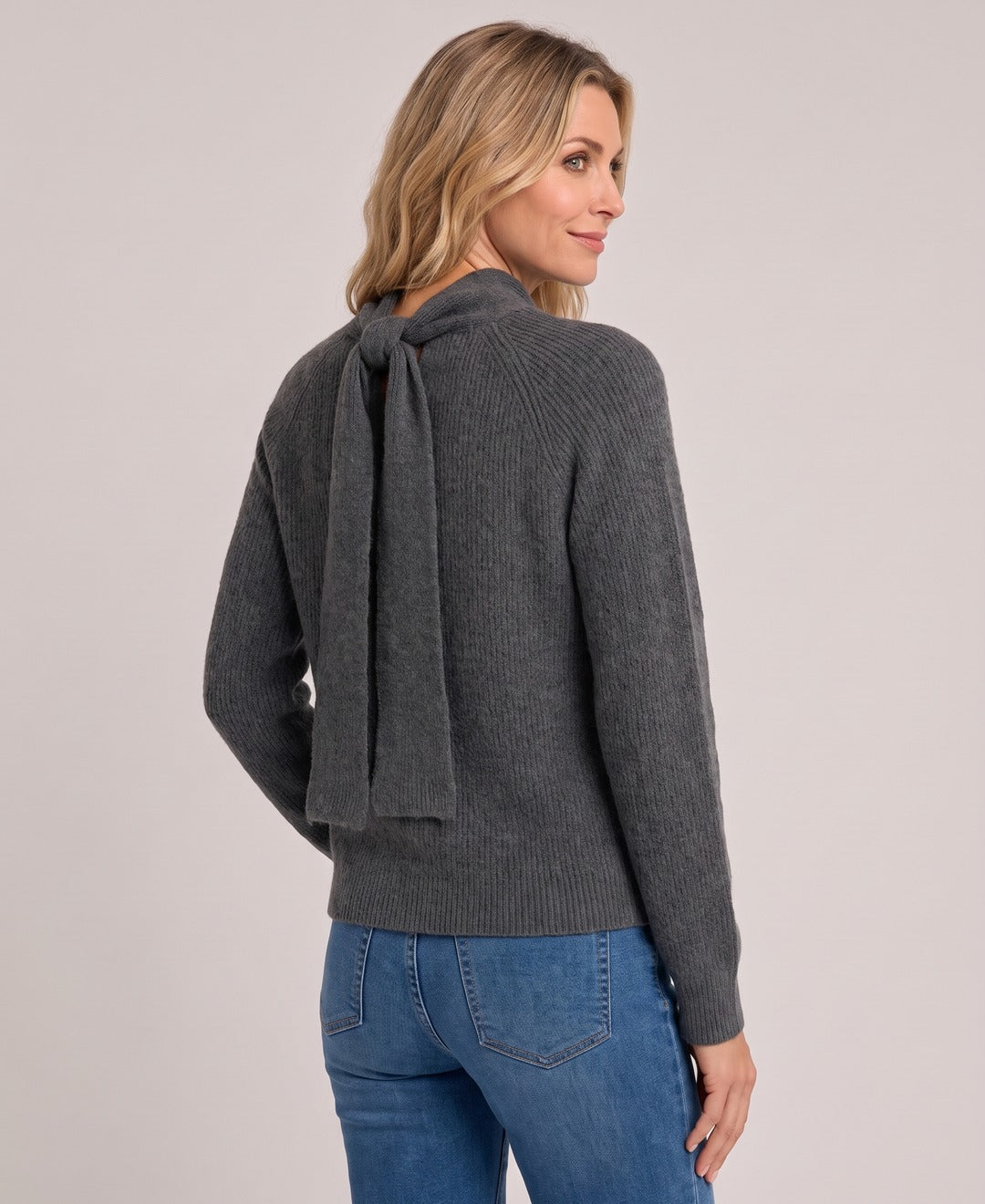 Women's Knit Jumper Scarf Tie Neck Raglan Sleeves in Grey, back view