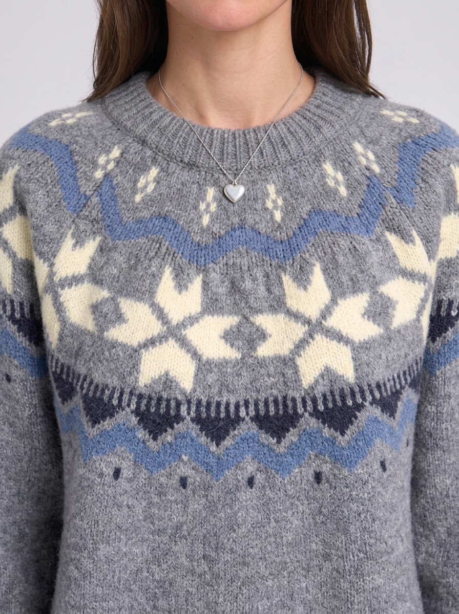 Fair Isle Yoke Crew Neck Relaxed Jumper, Fair Isle yoke and ribbed neckline, close-up