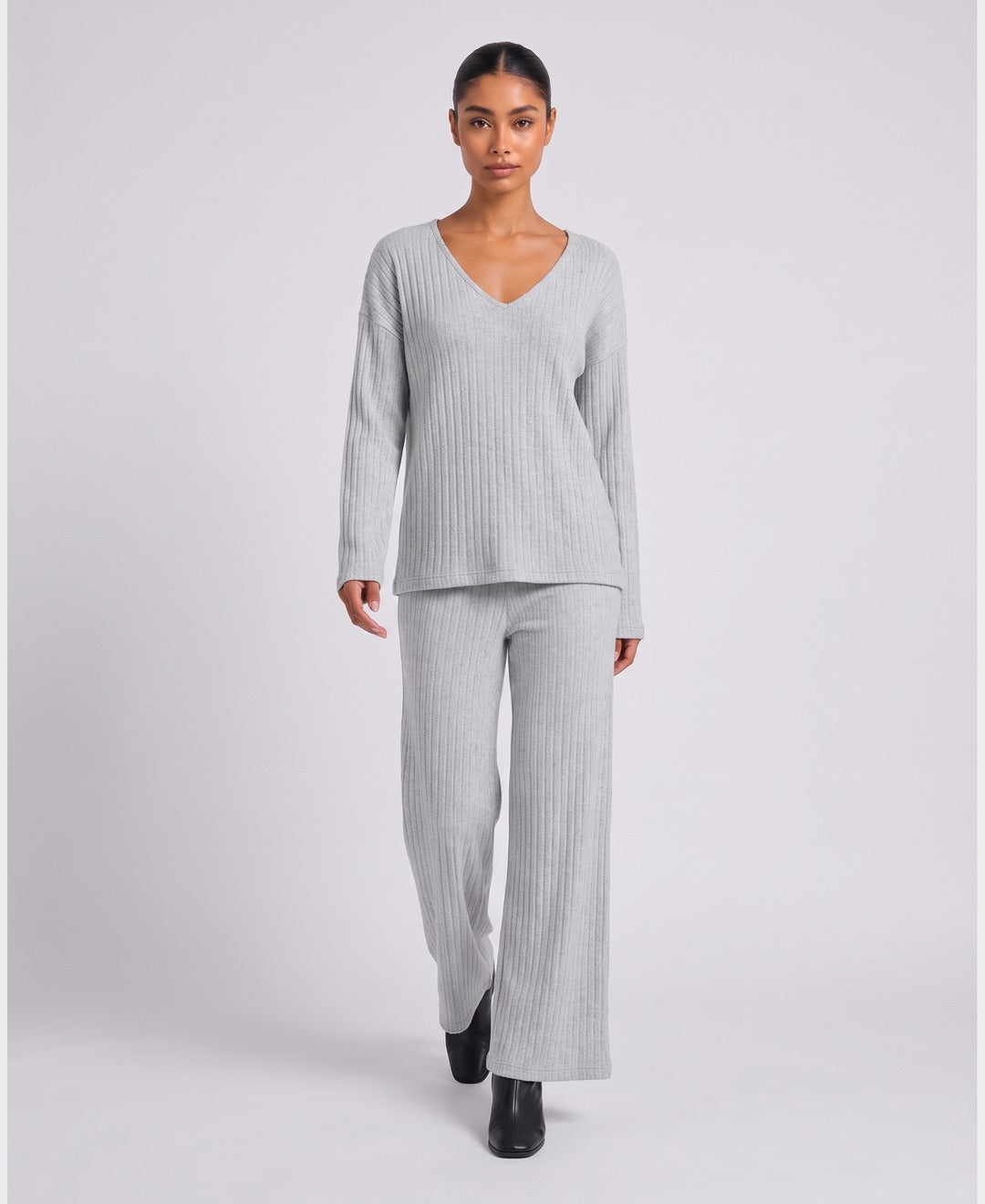 Elise Ribbed Knit Set in Grey, front view