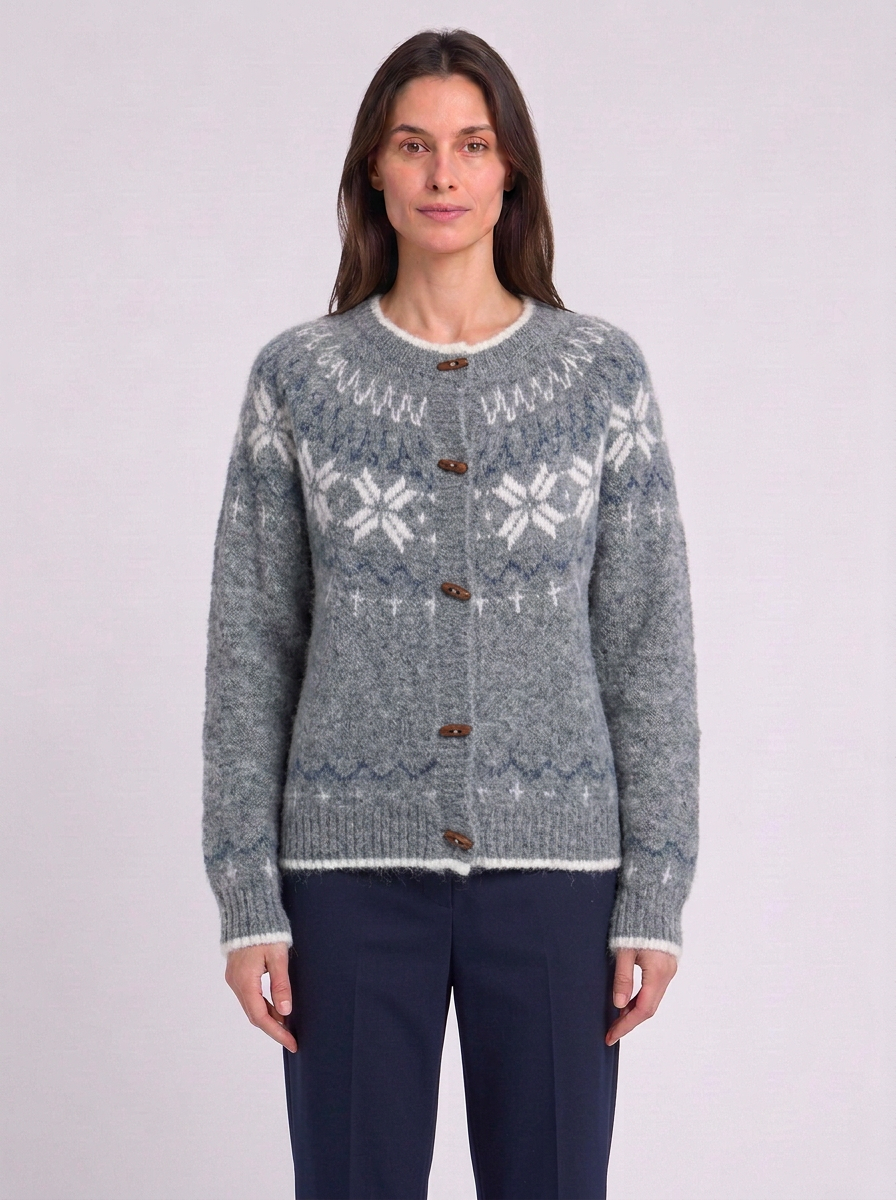 Snowflake Fair Isle Toggle Button Cardigan, grey Fair Isle snowflake cardigan, front view