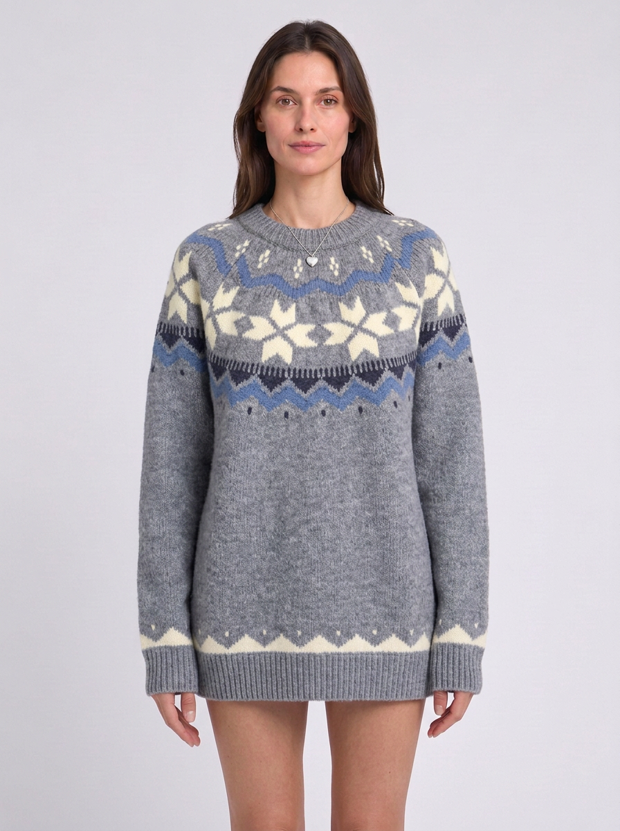 Fair Isle Yoke Crew Neck Relaxed Jumper, grey Fair Isle snowflake jumper, front view