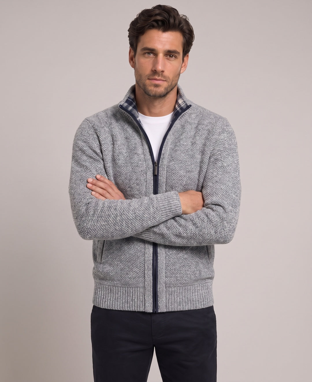 Men's grey zip cardigan, front view