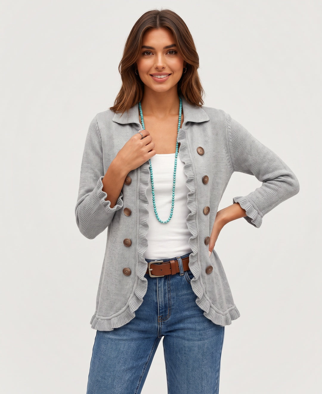 Women's collared ruffle trim knit cardigan with double buttons in grey, front view