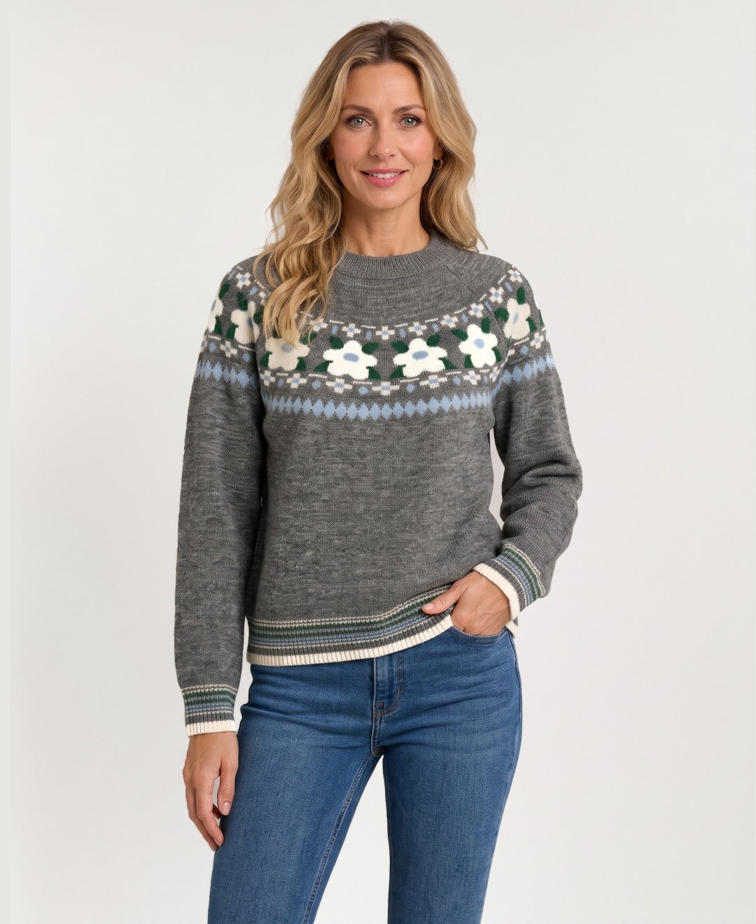 Women's floral Fair Isle knit jumper grey front view