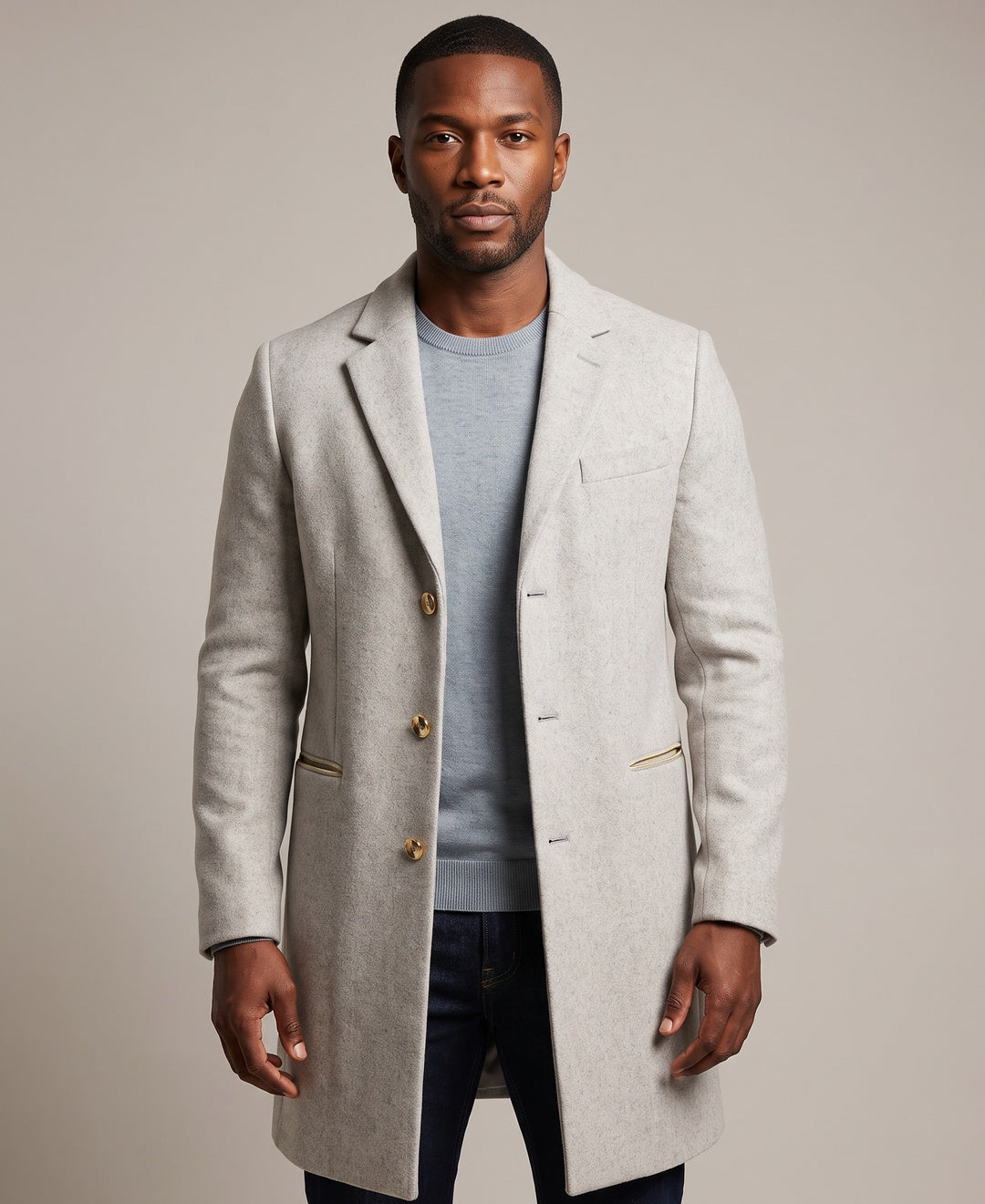 Men's grey overcoat, front view