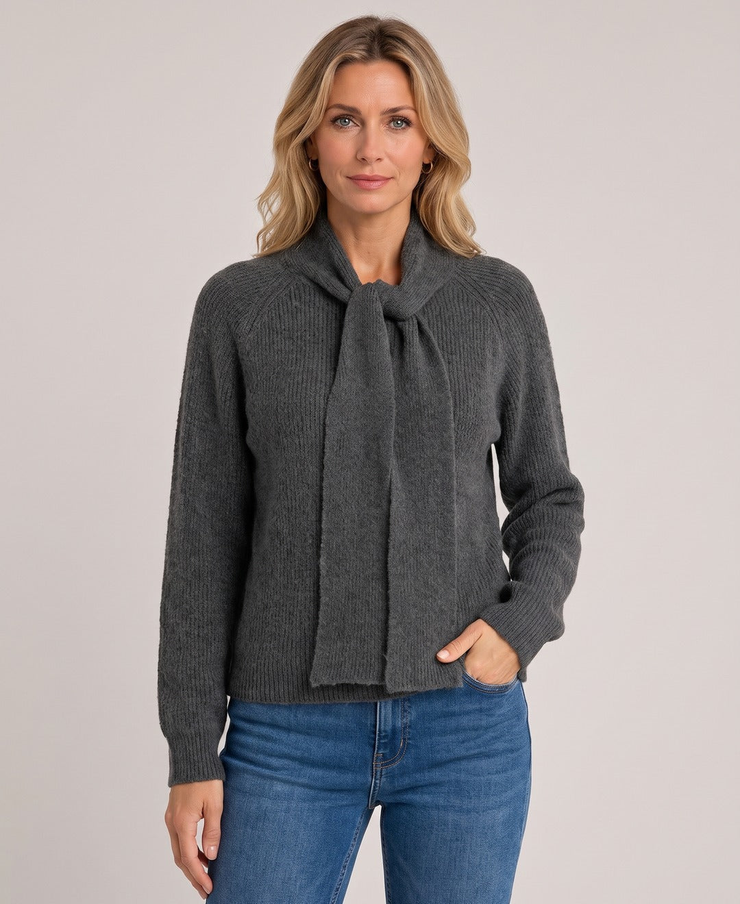 Women's Knit Jumper Scarf Tie Neck Raglan Sleeves in Grey, front view