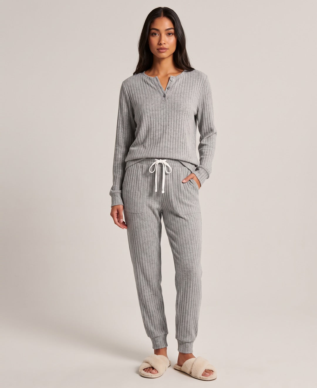 Grey ribbed henley lounge set front view on model