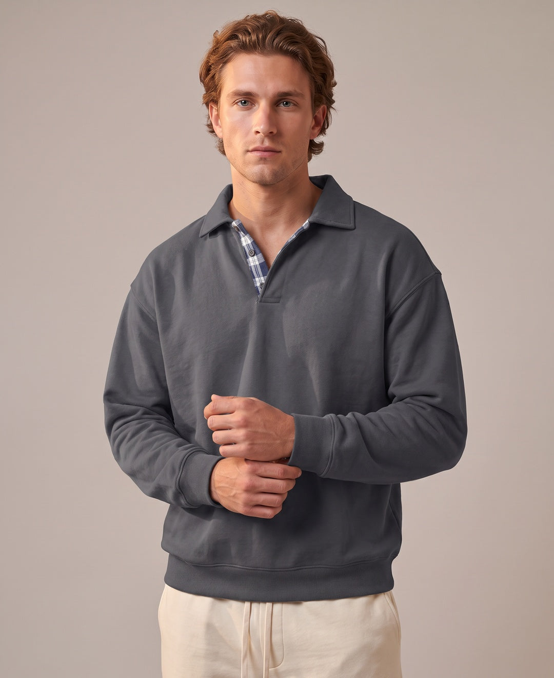 Men's grey collared sweatshirt, front view