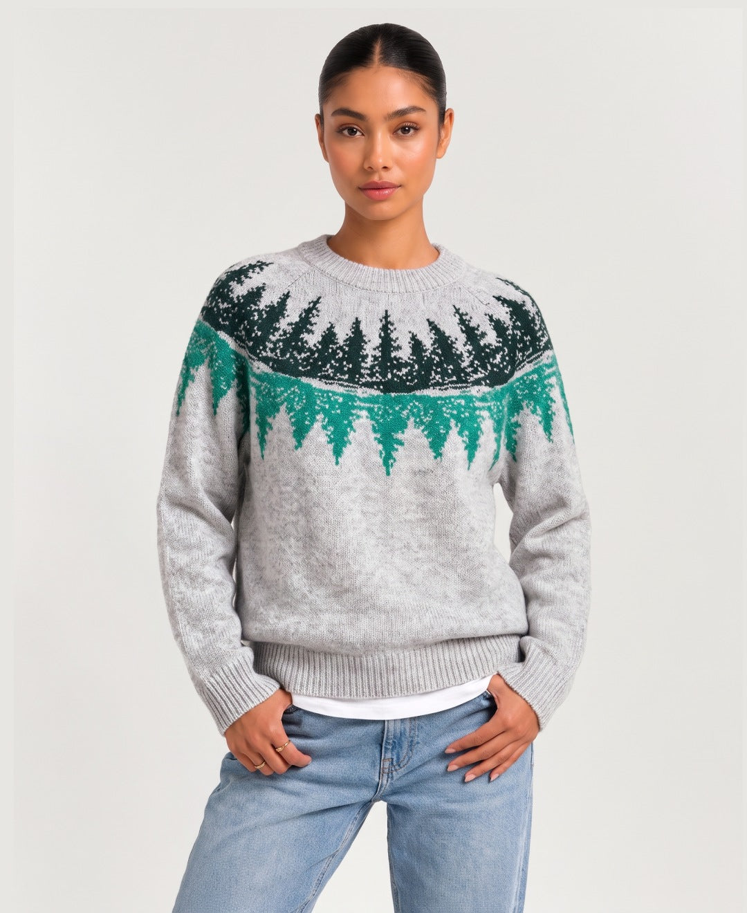Women's Fair Isle yoke jumper in grey, front view
