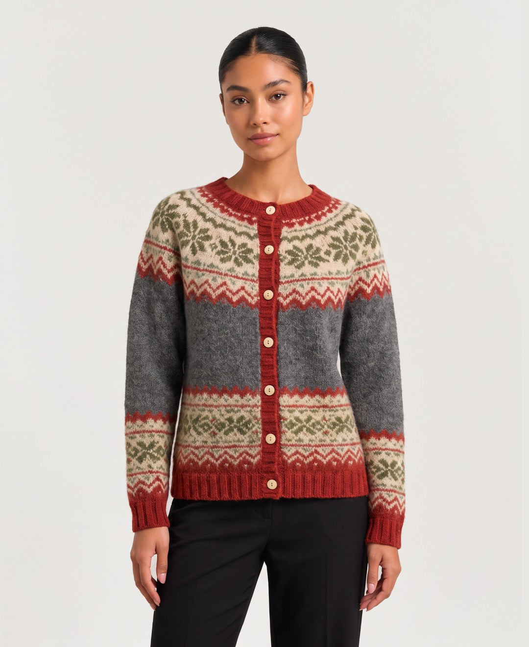 Women's Nordic jacquard button-front cardigan in grey, front view