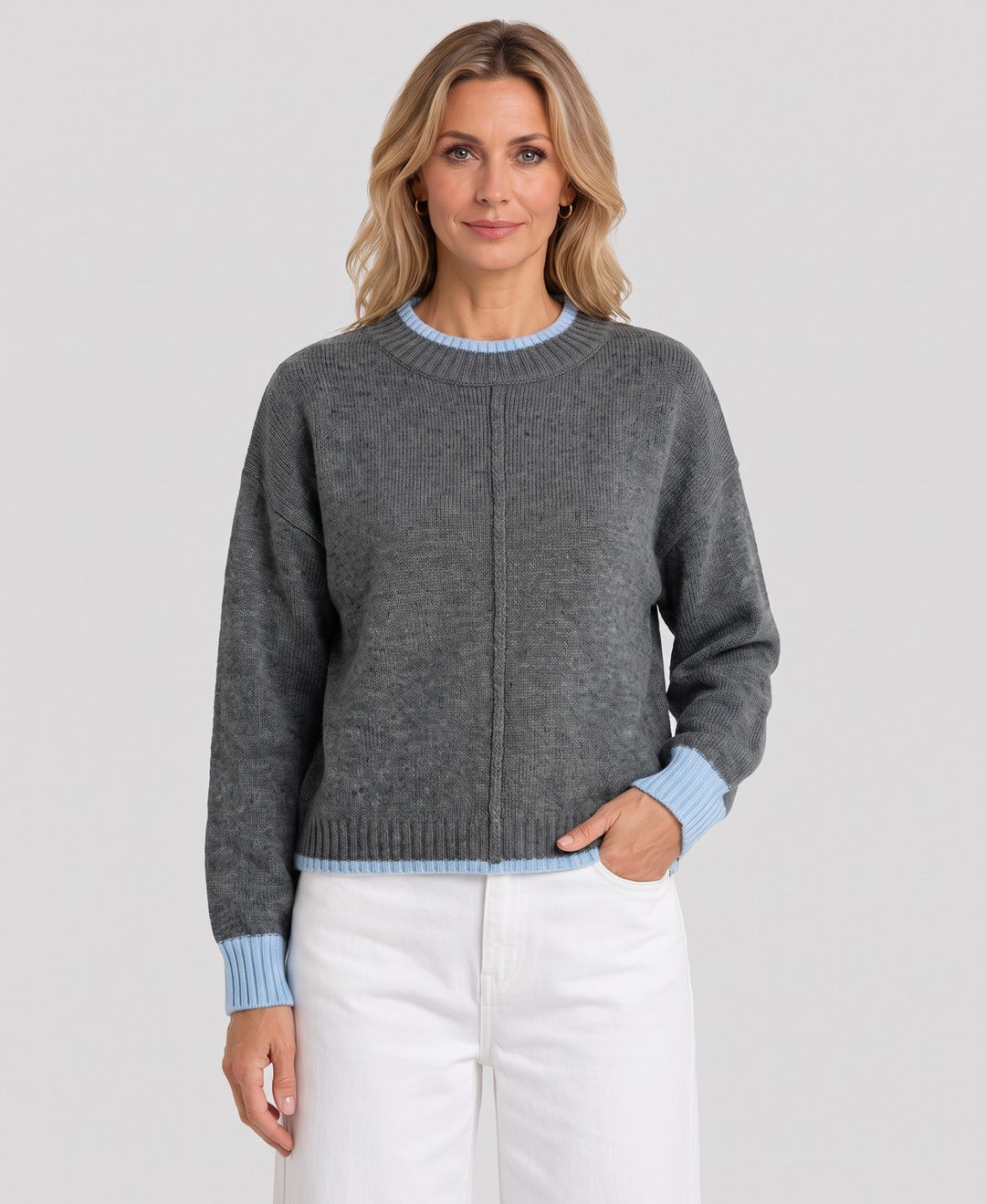 Women's Oversized Contrast Trim Knit Jumper Centre Seam in Grey, front view