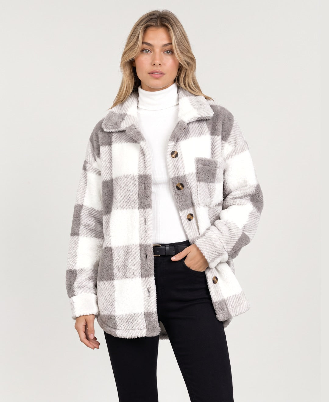 Women's check fleece shirt jacket in grey, front view