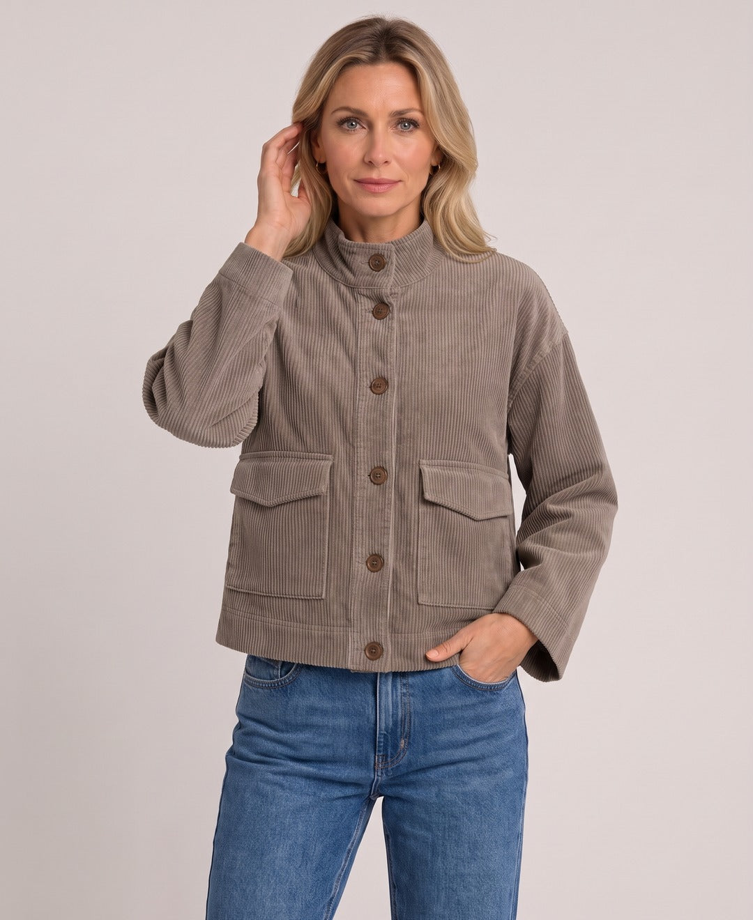 Women's Corduroy Shirt Jacket Flap Pockets Stand Collar in Grey, front view