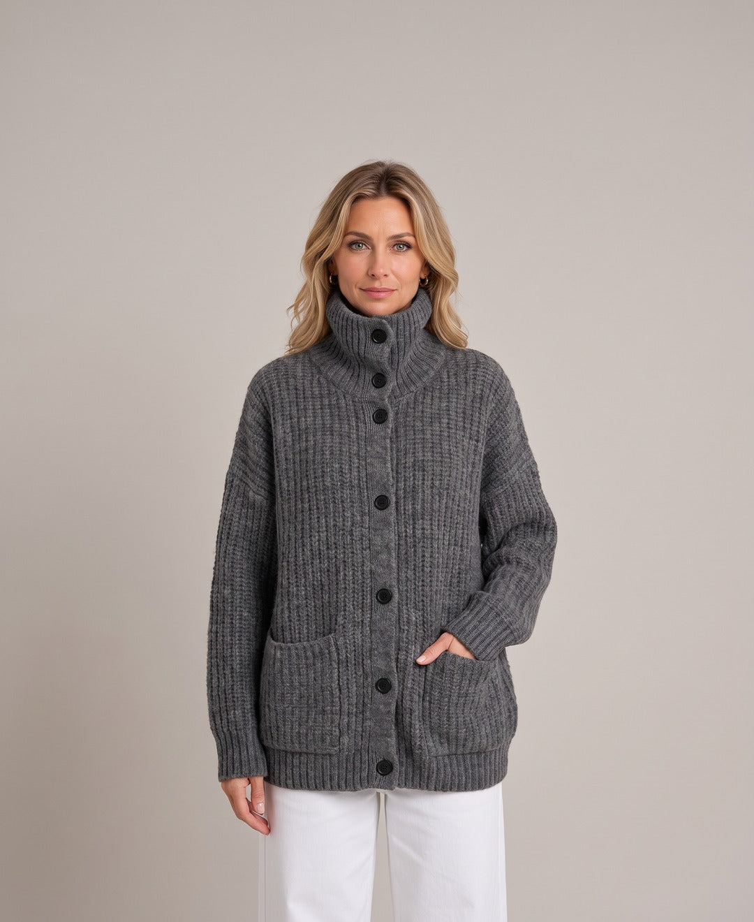 Women's Chunky Rib Knit Button Cardigan Funnel Collar Pockets in Grey, front view