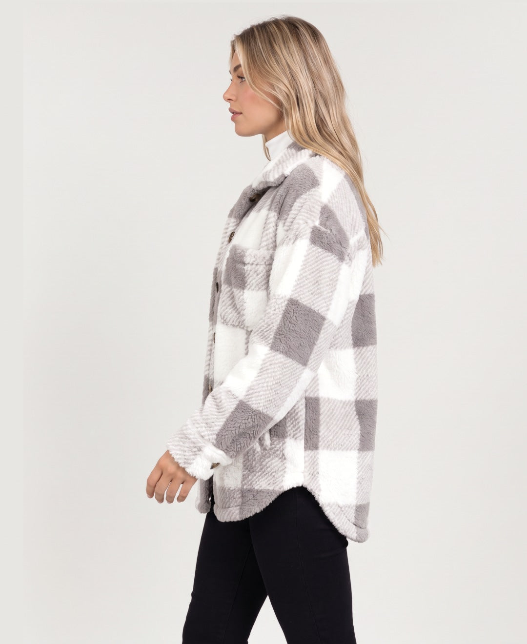 Women's check fleece shirt jacket in grey, side view