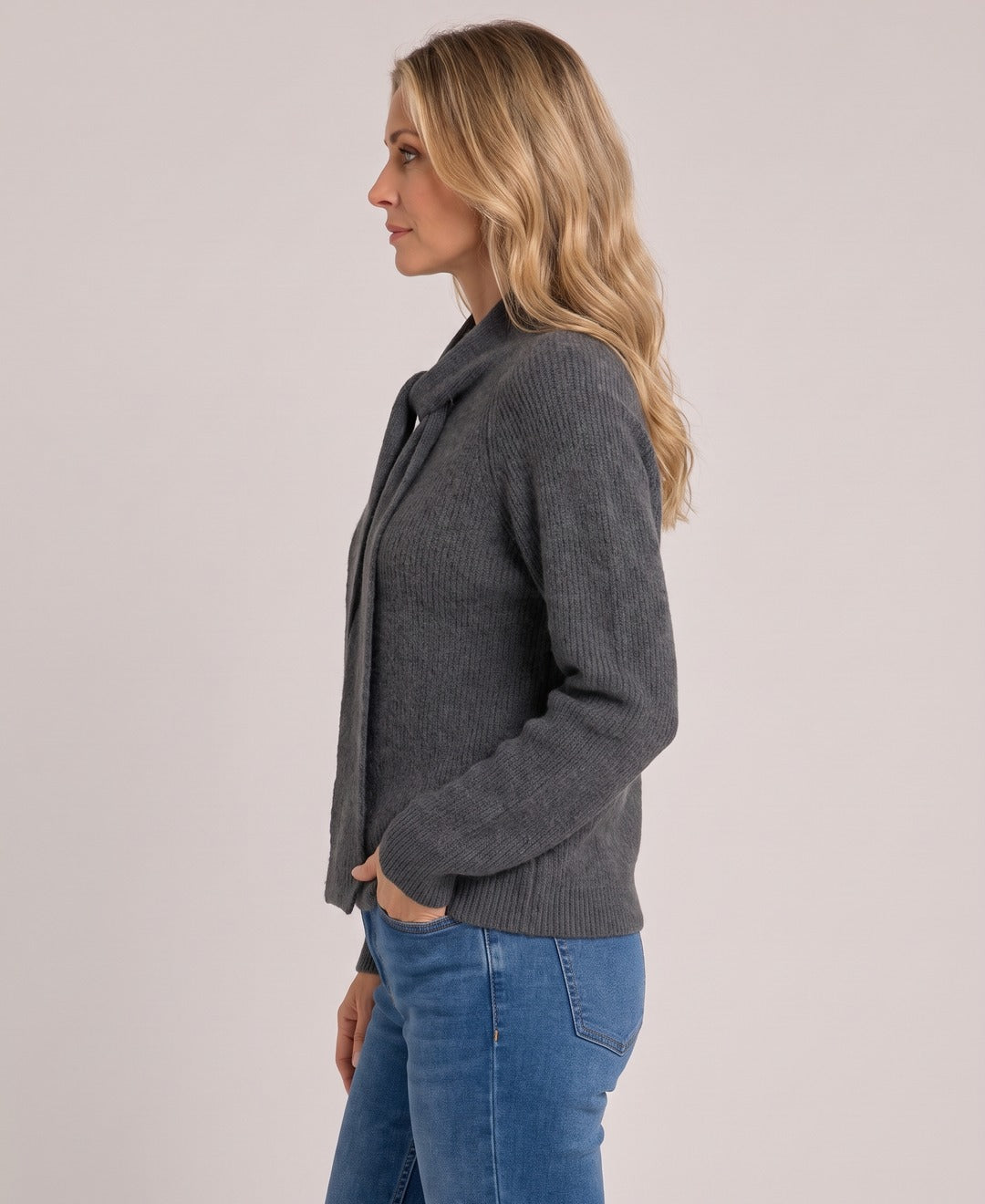 Women's Knit Jumper Scarf Tie Neck Raglan Sleeves in Grey, side view
