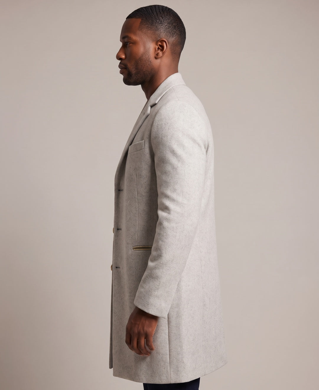 Men's grey overcoat, side view