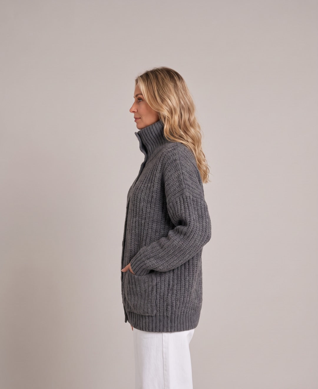 Women's Chunky Rib Knit Button Cardigan Funnel Collar Pockets in Grey, side view