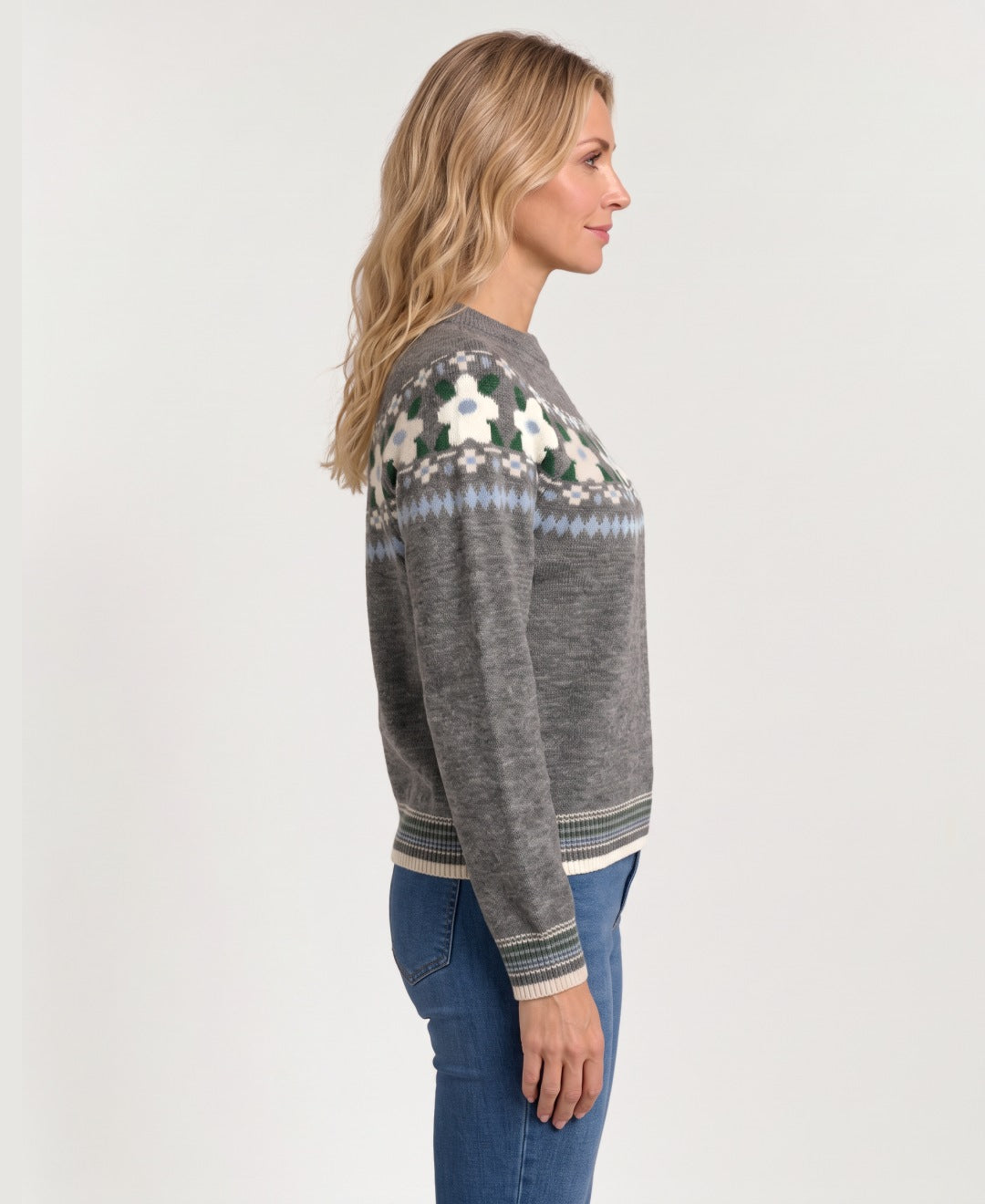 Women's floral Fair Isle knit jumper grey side view