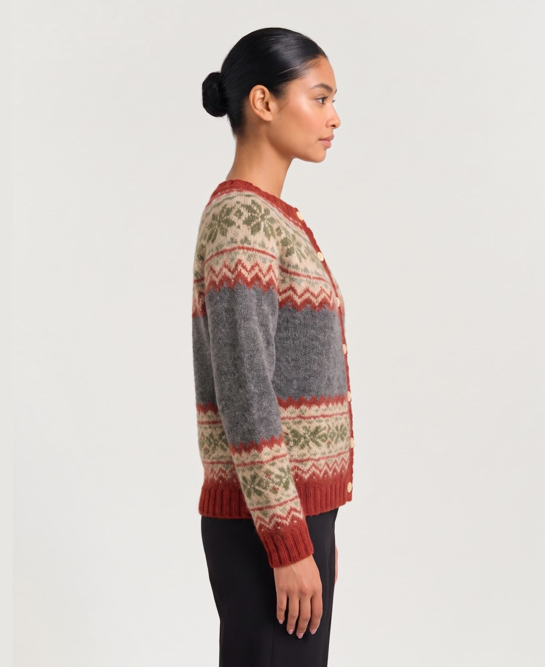 Women's Nordic jacquard button-front cardigan in grey, side view