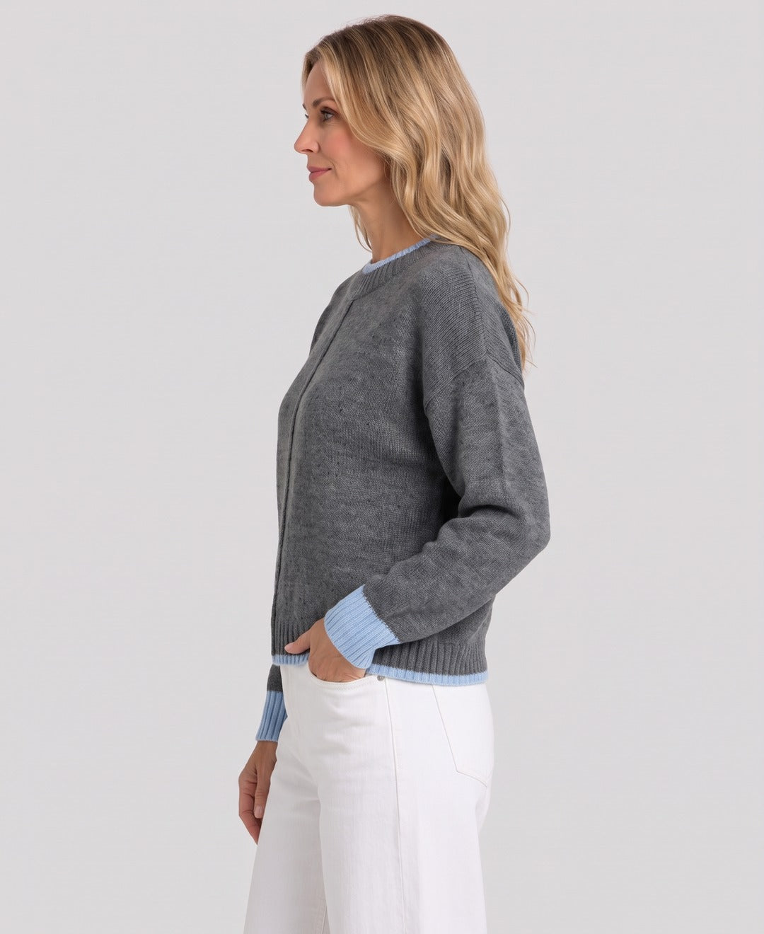 Women's Oversized Contrast Trim Knit Jumper Centre Seam in Grey, side view