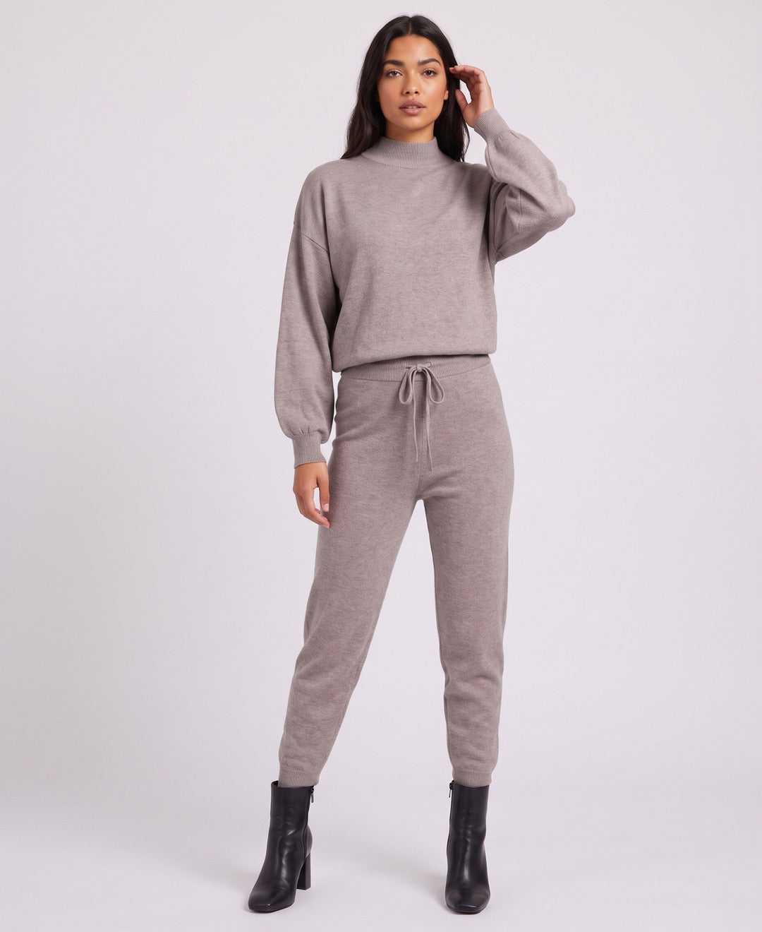 Carys Mock Neck Set in Grey Pink, front view