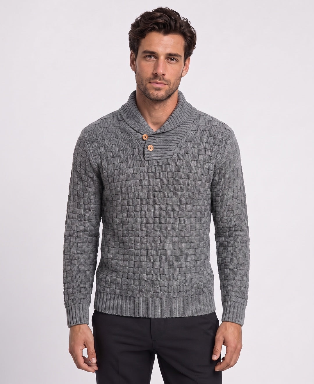 Men's chunky shawl-collar knit sweater in grey, front view