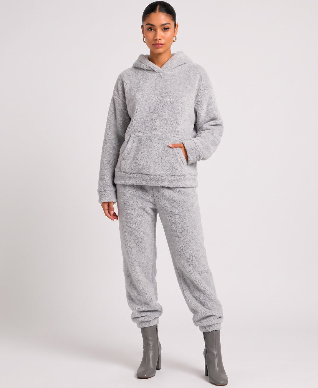 Freya Teddy Fleece Set in Grey, front view